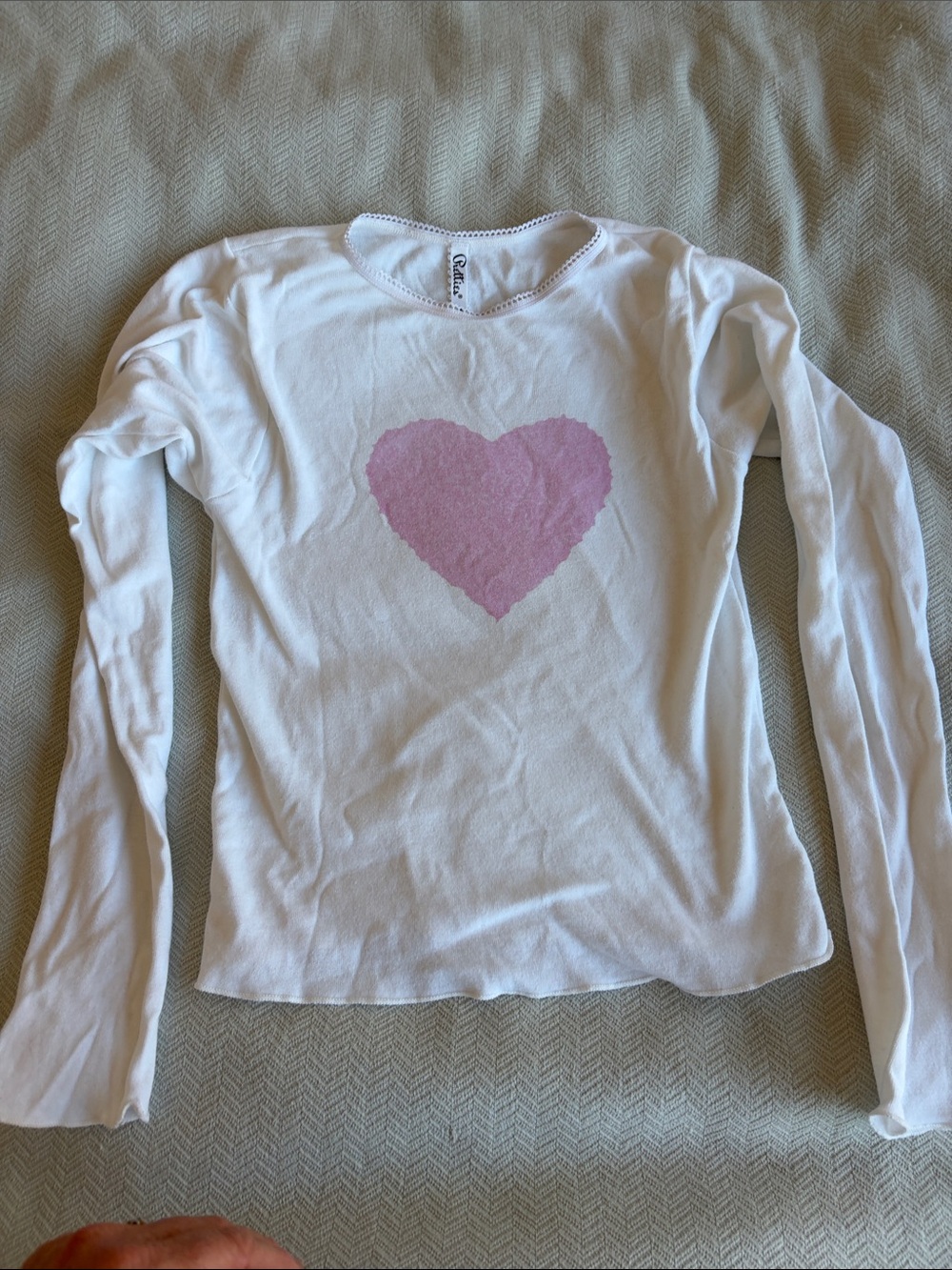 White Long-Sleeve Top with Pink Heart Graphic